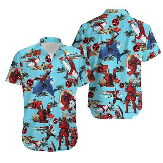 NoClaws NoClaws Deadpool Hawaii Shirt Marvel Deadpool Riding Shark Pattern Hawaiian Shirt Blue Red Unisex