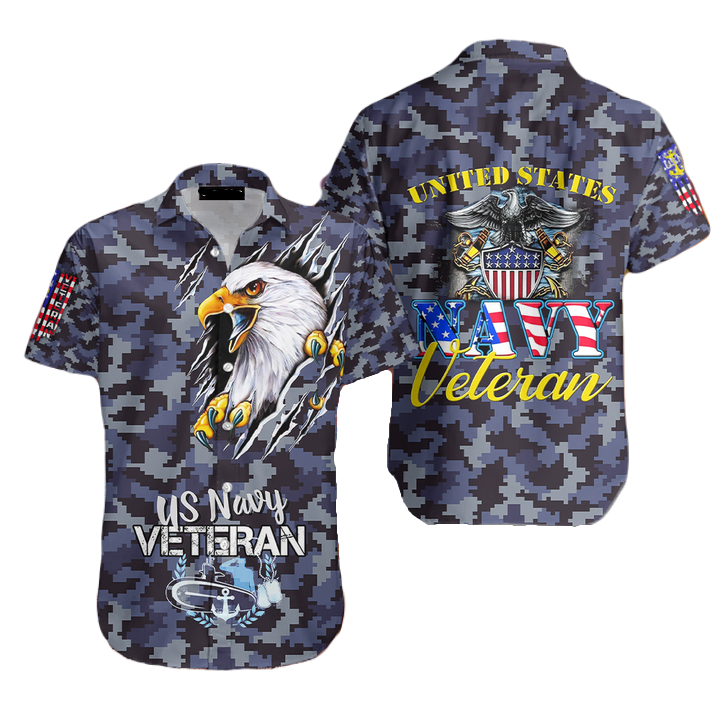 NoClaws Veteran Hawaii Shirt US Navy Veteran Symbol Eagle And Camo Pattern Hawaiian Shirt Blue Unisex