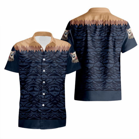 NoClaws NoClaws Demon Slayer Hawaii Shirt Inosuke Graphic Clothes Pattern Hawaiian Shirt Black Brown Unisex