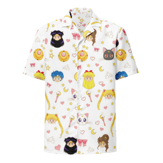 NoClaws NoClaws Sailor Moon Hawaii Shirt Chibi Sailor Moon Members Pattern Hawaiian Shirt White Unisex