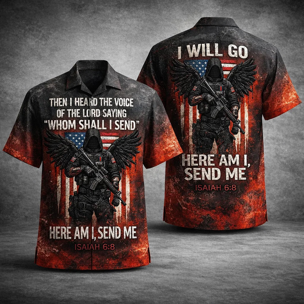 Christian Patriotic Hawaiian Shirt Isaiah 6:8 Here I Am Send Me USA Flag