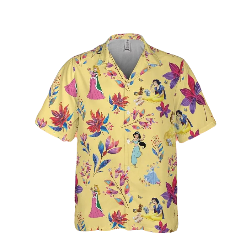 NoClaws Disney Hawaii Shirt Disney All Princesses Tropical Flowers Pattern Hawaiian Shirt Yellow Unisex