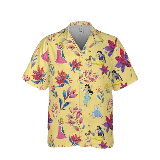 NoClaws Disney Hawaii Shirt Disney All Princesses Tropical Flowers Pattern Hawaiian Shirt Yellow Unisex