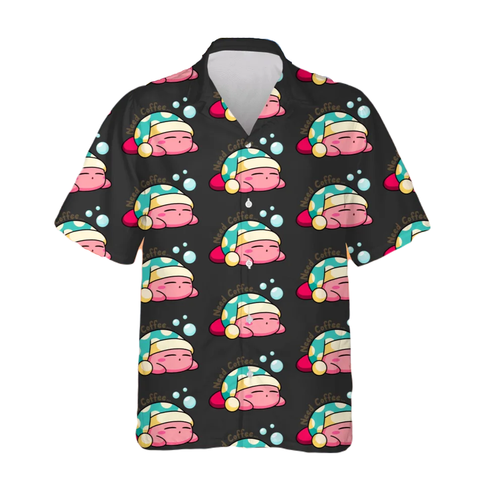NoClaws NoClaws Kirby Hawaii Shirt Sleeping Kirby Need Coffee Pattern Hawaiian Shirt Black Unisex