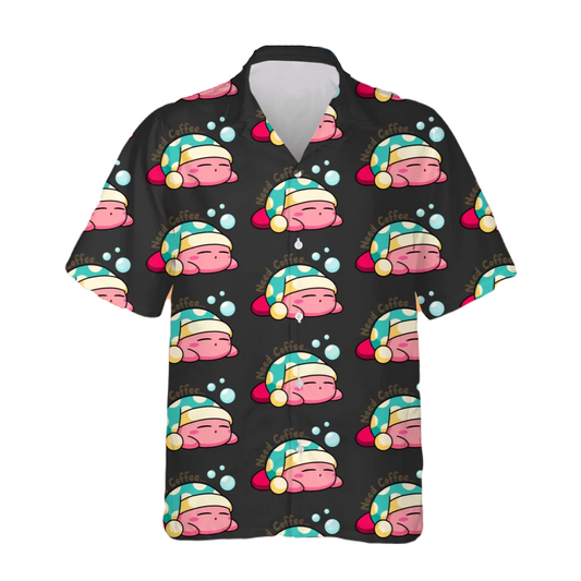 NoClaws NoClaws Kirby Hawaii Shirt Sleeping Kirby Need Coffee Pattern Hawaiian Shirt Black Unisex