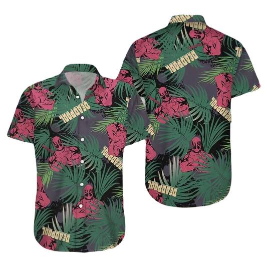 NoClaws Deadpool Hawaii Shirt Marvel Deadpool Pose Tropical Leaves Pattern Hawaiian Shirt Green Red Unisex