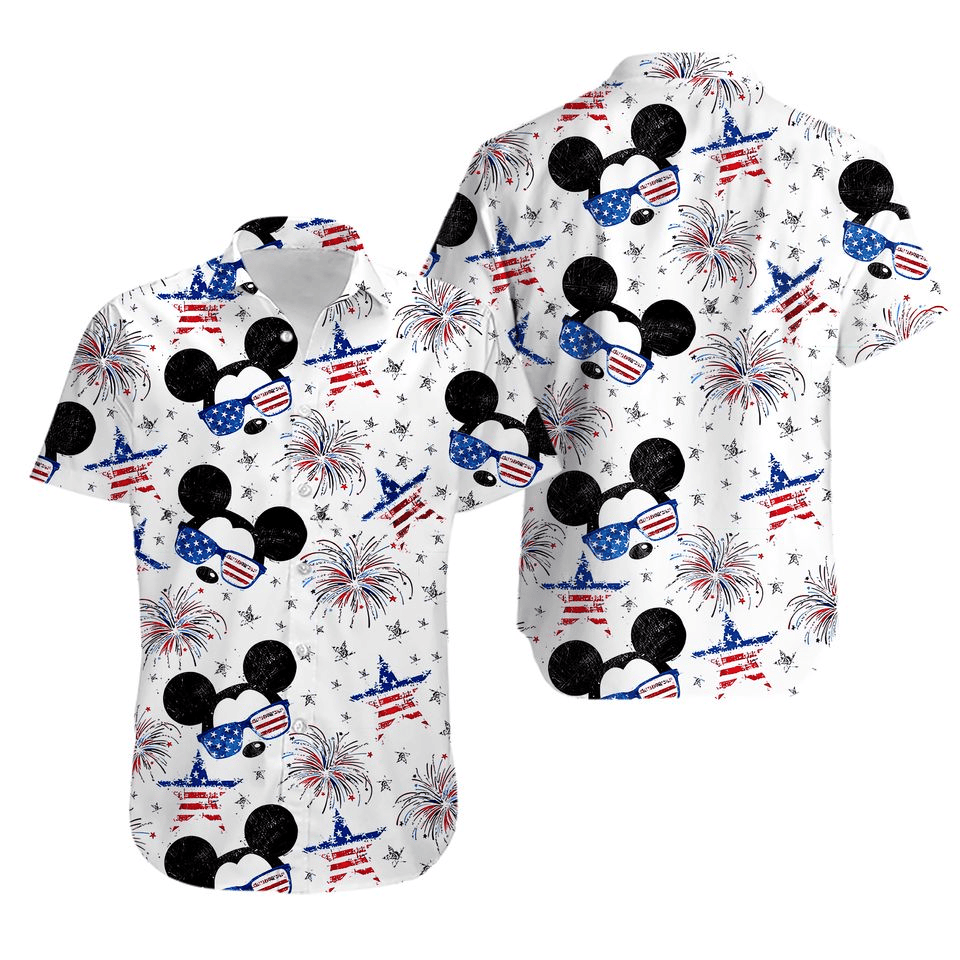 NoClaws MM Hawaii Shirt Disney Glasses MM Star American Flag Fireworks Hawaiian Shirt White Blue Unisex