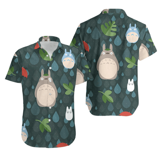 NoClaws Studio Ghibli Hawaii Shirt Totoro Raindrops Leaves Pattern Hawaiian Shirt Green Unisex