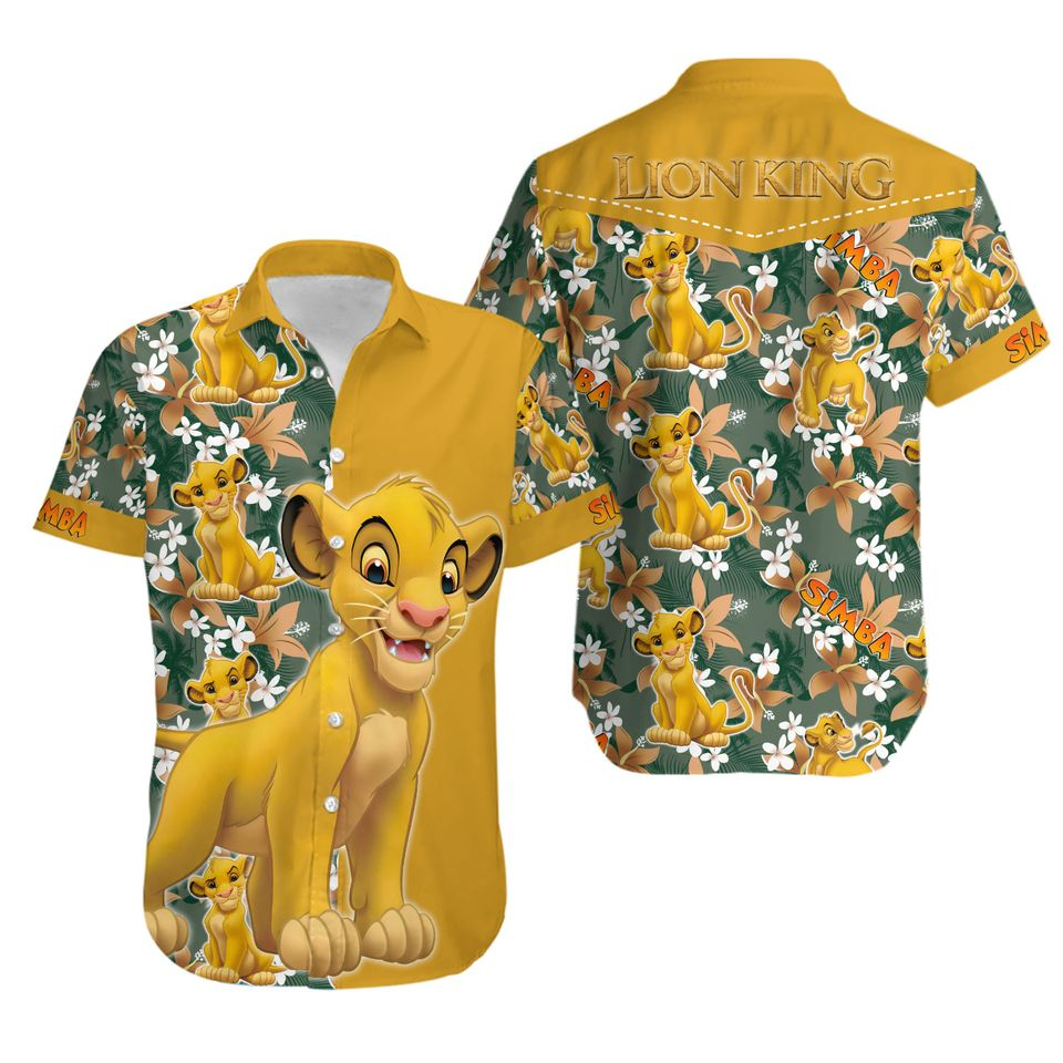 Lion King Hawaii Shirt Disney Simba Graphic Tropical Flower Leaves Pattern Hawaiian Shirt Yellow Green Unisex
