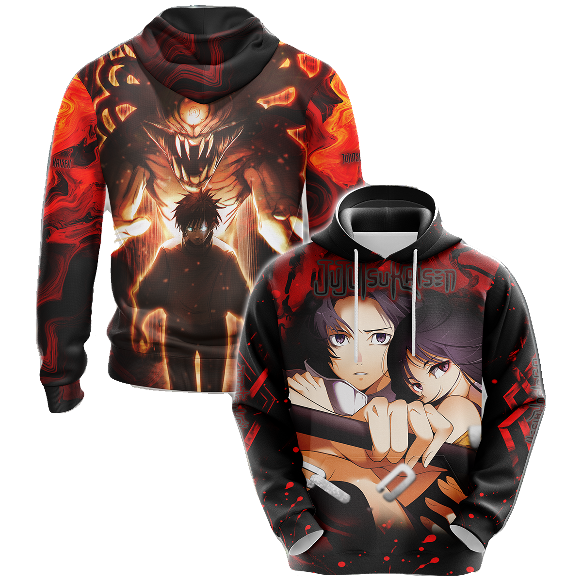 Jujutsu Kaisen Hoodie Yuta And Cursed Rika Fighting Together Hoodie Red Black Unisex