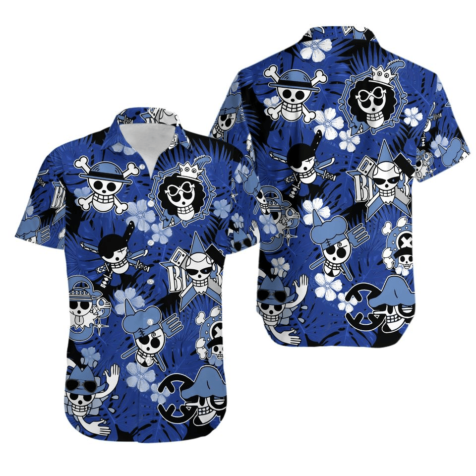 NoClaws NoClaws One Piece Hawaii Shirt One Piece Characters Jolly Roger Pattern Hawaiian Shirt Blue Unisex