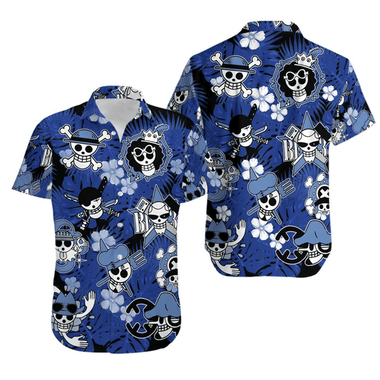 NoClaws NoClaws One Piece Hawaii Shirt One Piece Characters Jolly Roger Pattern Hawaiian Shirt Blue Unisex