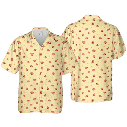 NoClaws NoClaws Kirby Hawaii Shirt Chibi Cute Kirby Poses Pattern Hawaiian Shirt Yellow Unisex