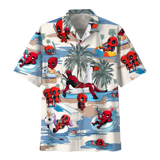 NoClaws Deadpool Hawaii Shirt Marvel Deadpool Summer Beach Pattern Hawaiian Shirt White Red Unisex