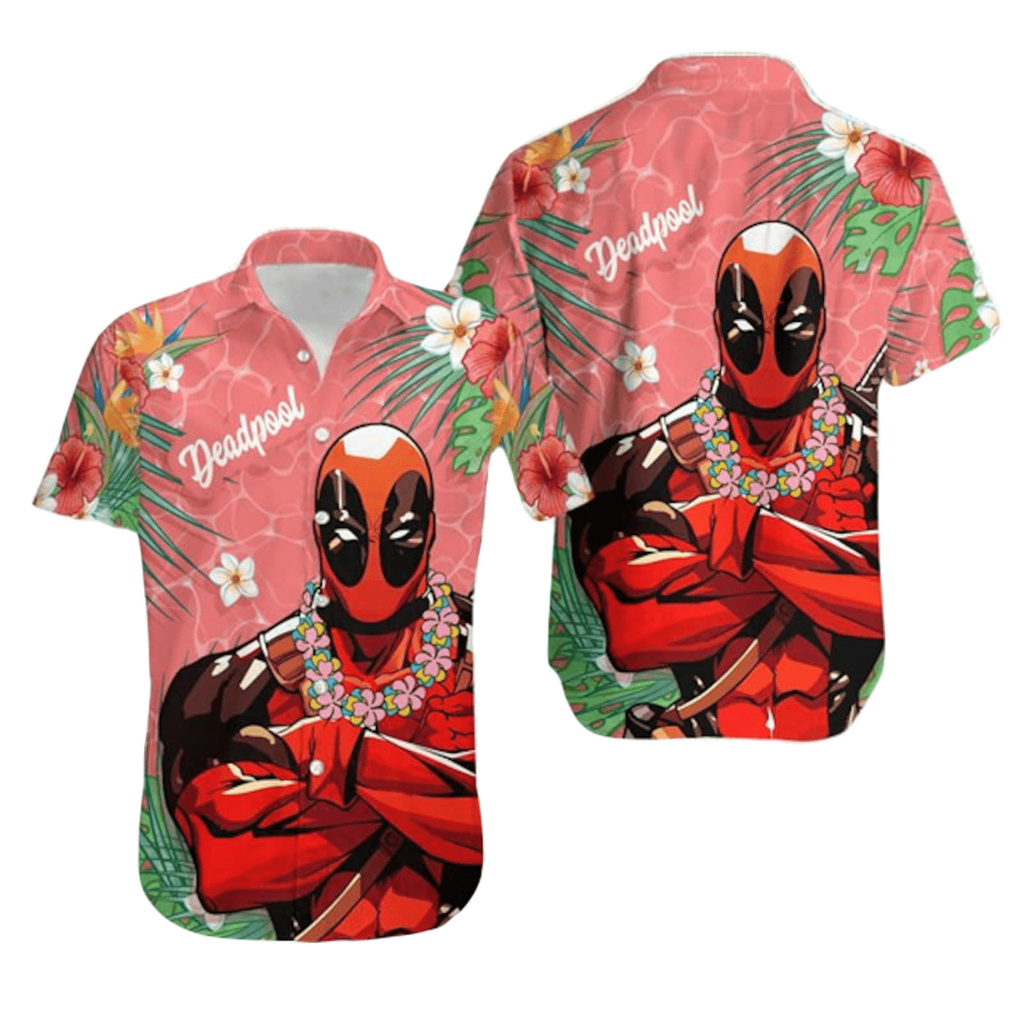 NoClaws NoClaws Deadpool Hawaii Shirt Marvel Deadpool Flower Wreath Tropical Pattern Hawaiian Shirt Pink Red Unisex