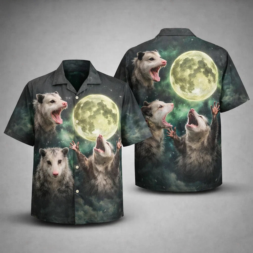 Funny Opossum Moon Hawaiian Shirt Galaxy Possum Howling Night Shirt