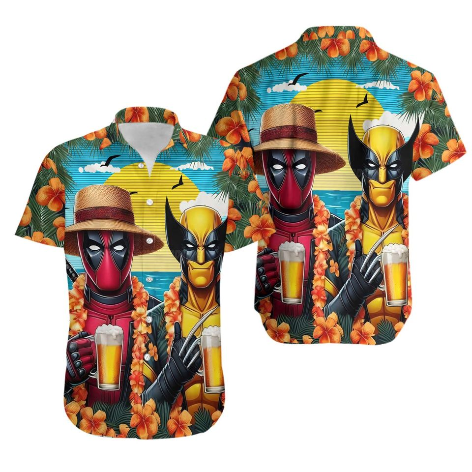 NoClaws NoClaws Deadpool Hawaii Shirt Marvel Deadpool And Wolverine Drink Beer Graphic Hawaiian Shirt Colorful Unisex
