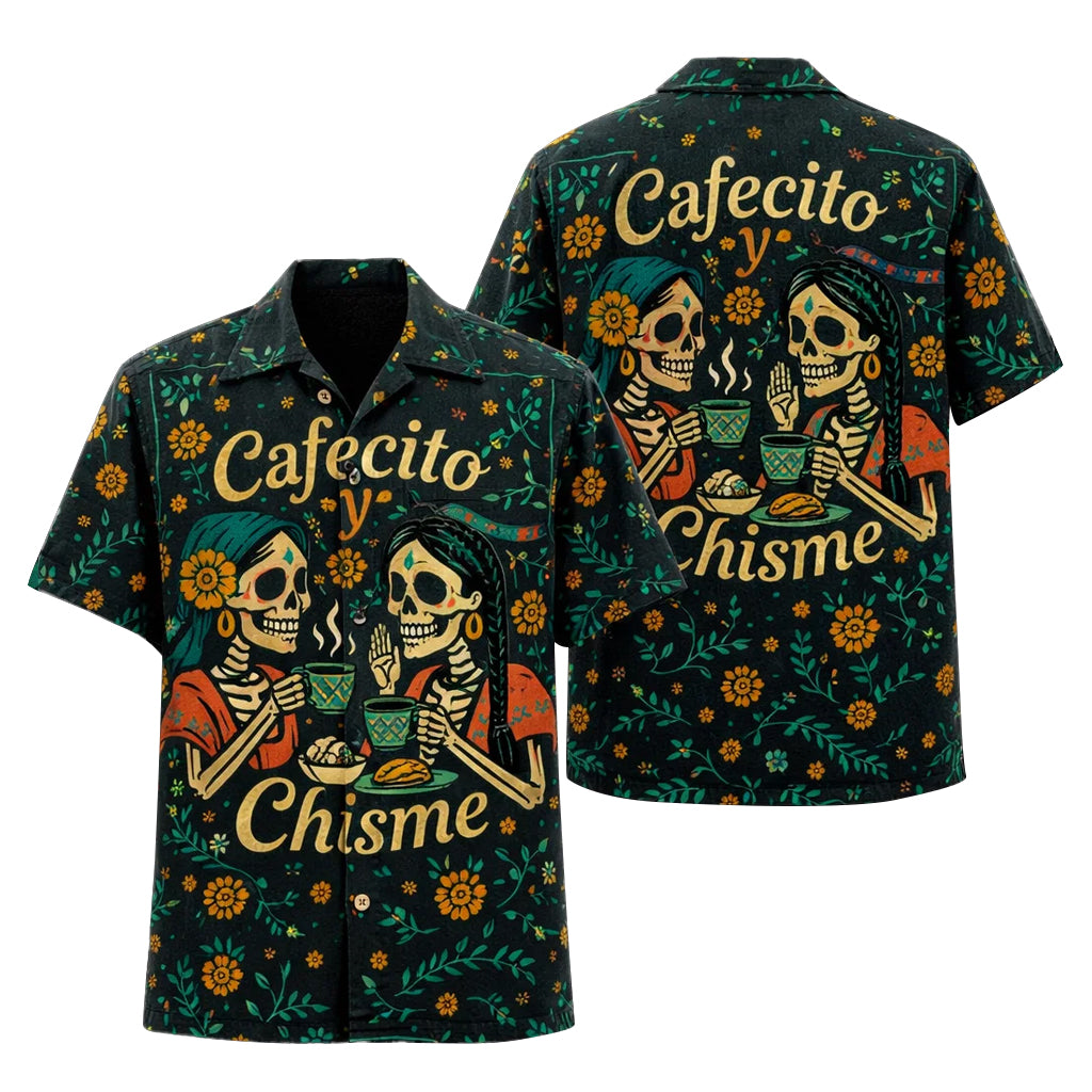 Cafecito y Chisme Hawaiian Shirt, Funny Skeleton Coffee Aloha Shirt, Mexican Sugar Skull Shirt