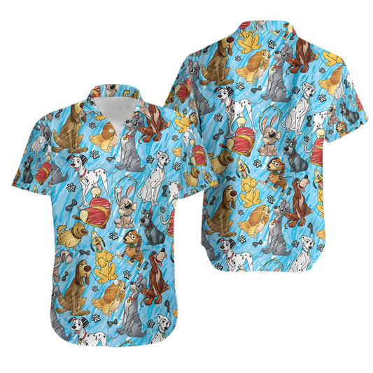 NoClaws Disney Hawaii Shirt All Disney Dog Characters Pattern Hawaiian Shirt Blue Unisex