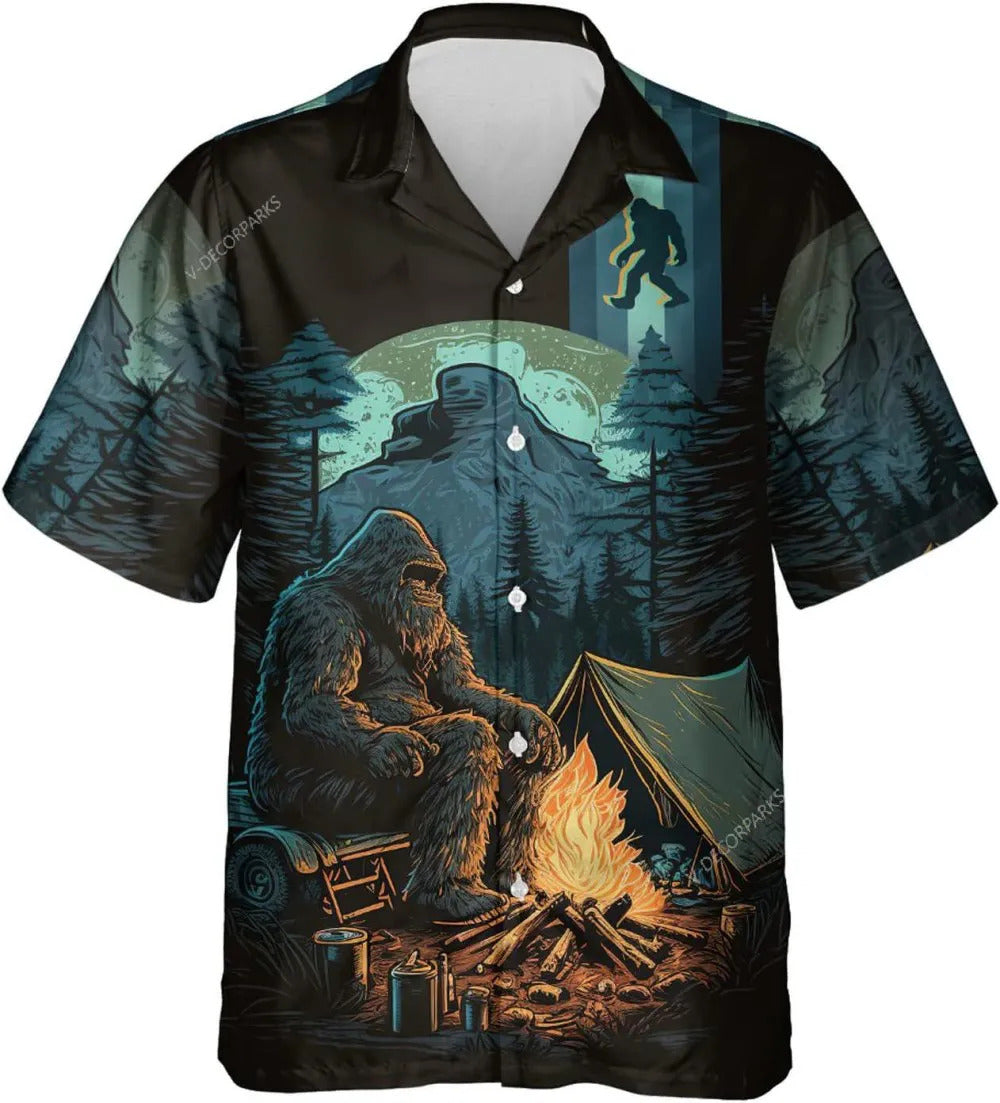NoClaws Bigfoot Hawaii Shirt Bigfoot Night Camping In Forest Hawaiian Shirt Blue Unisex