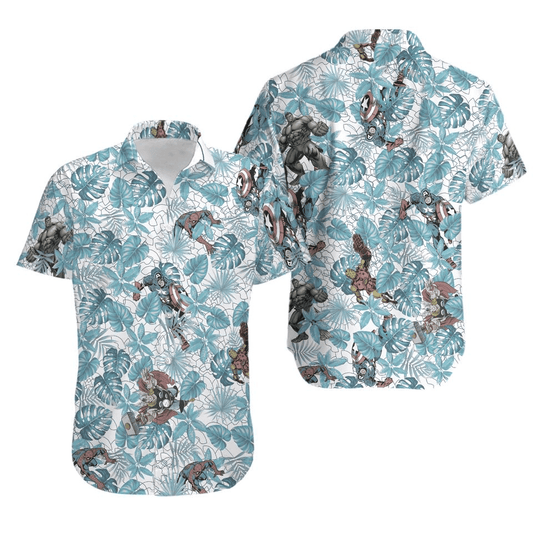 NoClaws NoClaws Marvel Hawaii Shirt Marvel Avengers Heroes Tropical Pattern Hawaiian Shirt Blue Unisex