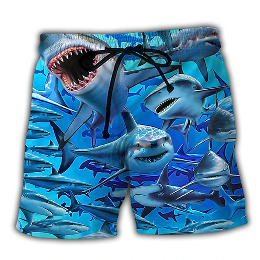 Shark Shorts a Shiver of Sharks Graphic Beach Shorts Blue
