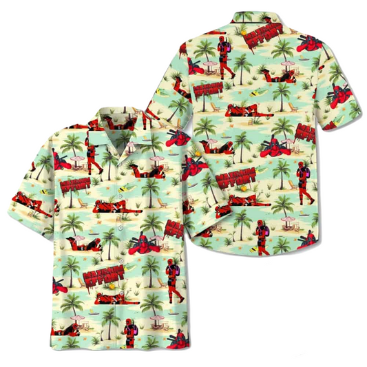 NoClaws Deadpool Hawaii Shirt Marvel Deadpool Maximum Effort Tropical Pattern Hawaiian Shirt White Red Unisex