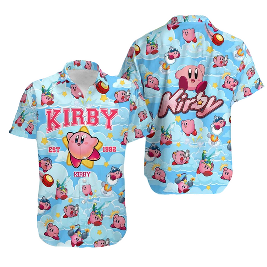 NoClaws NoClaws Kirby Hawaii Shirt Kirby Est 1992 Cloud Pattern Hawaiian Shirt Blue Pink Unisex