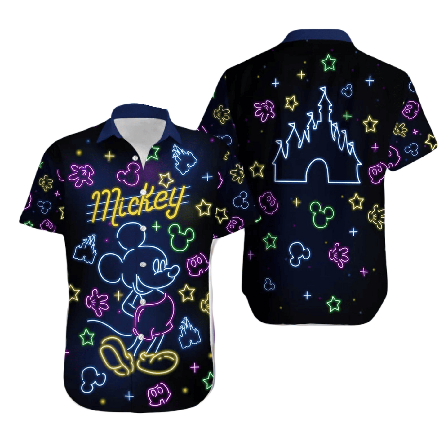 NoClaws MM Hawaii Shirt Disney Neon Light MM Disney Castle Pattern Hawaiian Shirt Black Unisex
