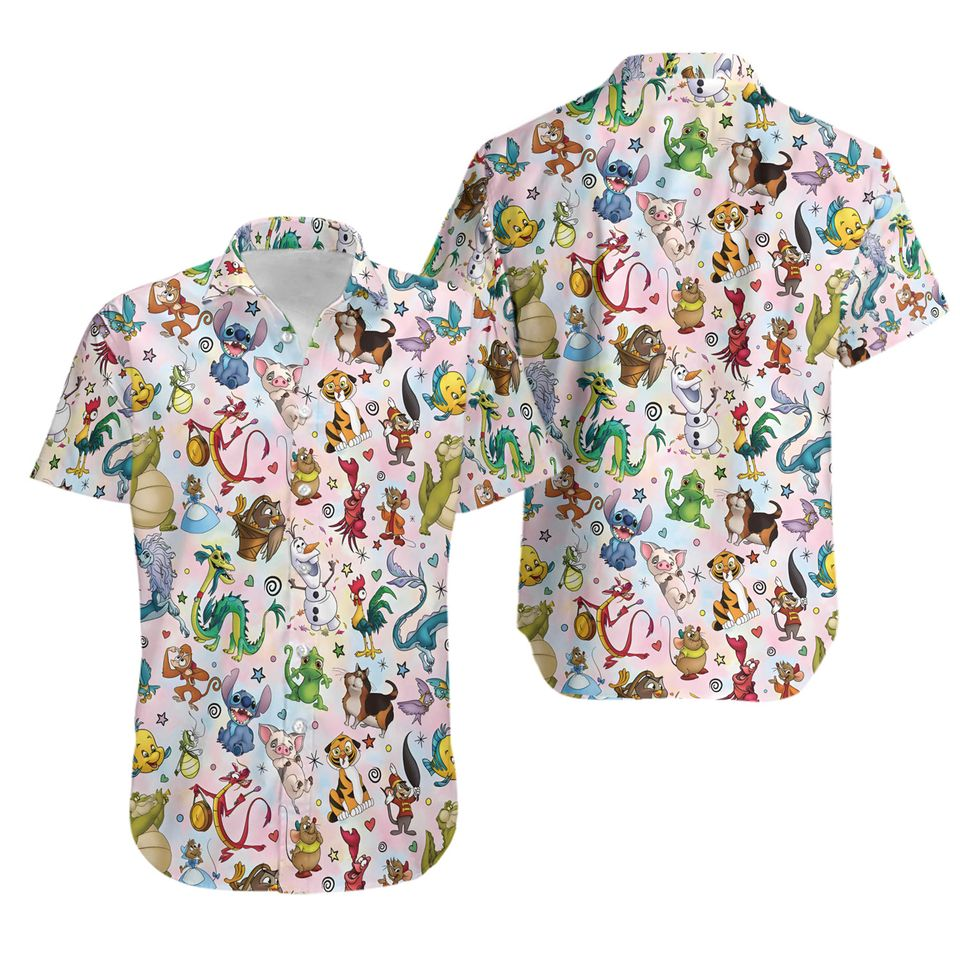 NoClaws Disney Hawaii Shirt Retro All Disney Animals Pattern Hawaiian Shirt Colorful Unisex