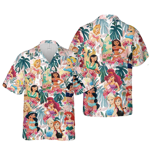NoClaws Disney Hawaii Shirt Disney Princesses Tropical Leaves Pattern Hawaiian Shirt Colorful Unisex