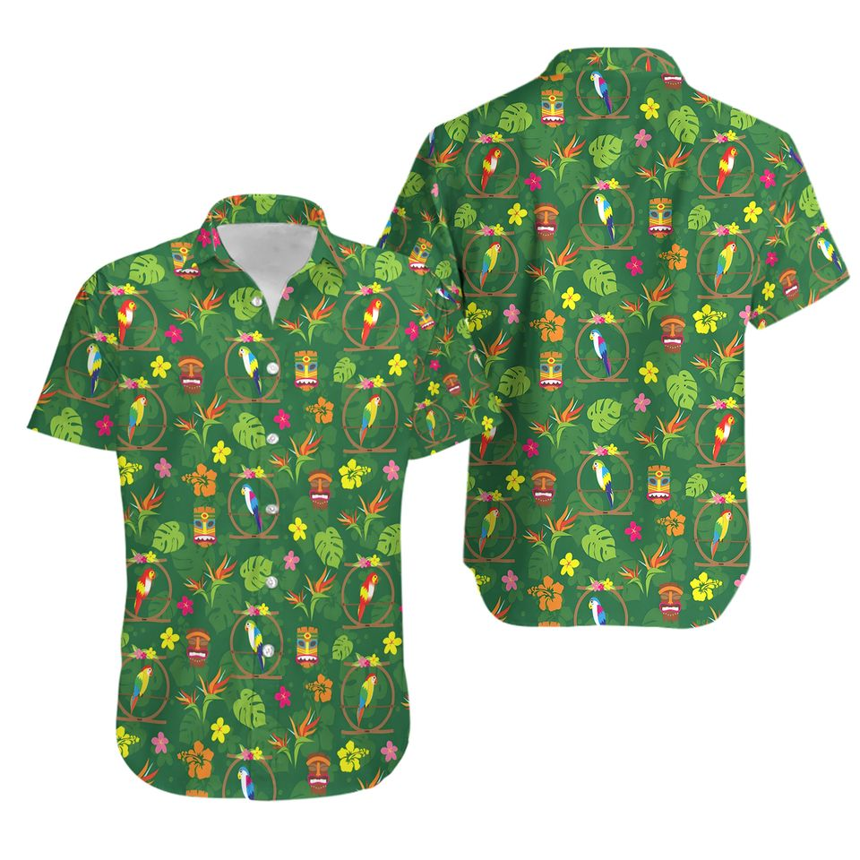 NoClaws Disney Hawaii Shirt Enchanted Tiki Room Tropical Pattern Hawaiian Shirt Green Unisex