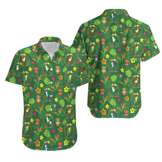 NoClaws Disney Hawaii Shirt Enchanted Tiki Room Tropical Pattern Hawaiian Shirt Green Unisex