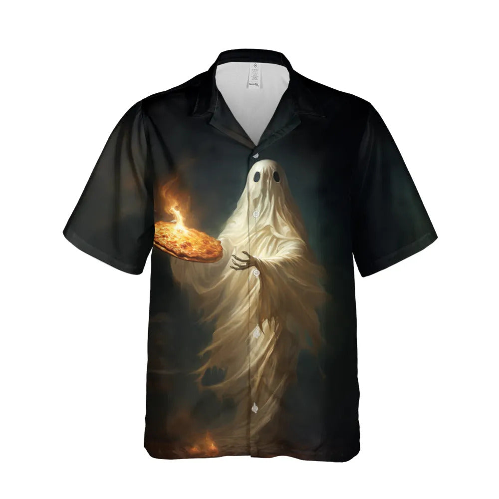 NoClaws Halloween Hawaii Shirt Ghost Brings Burning Pizza Hawaiian Shirt Black White Unisex