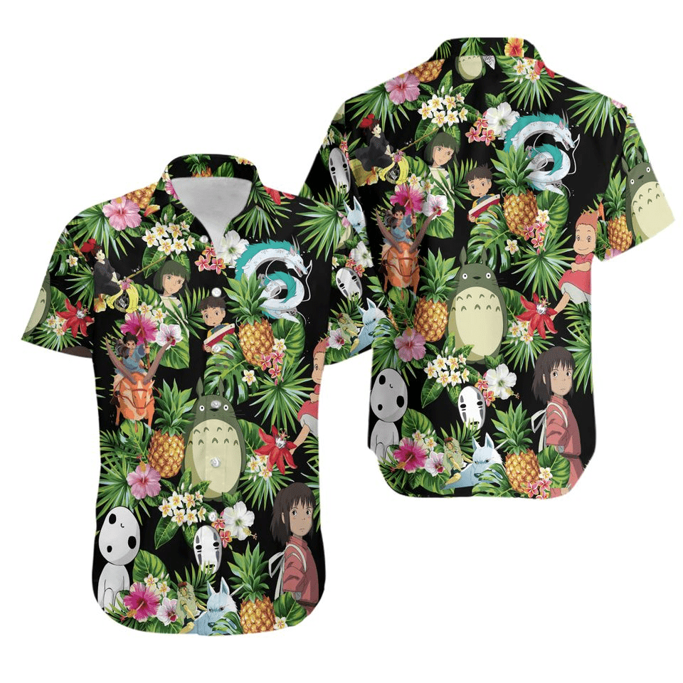 NoClaws Studio Ghibli Hawaii Shirt Studio Ghibli Characters Tropical Pattern Hawaiian Shirt Black Green Unisex