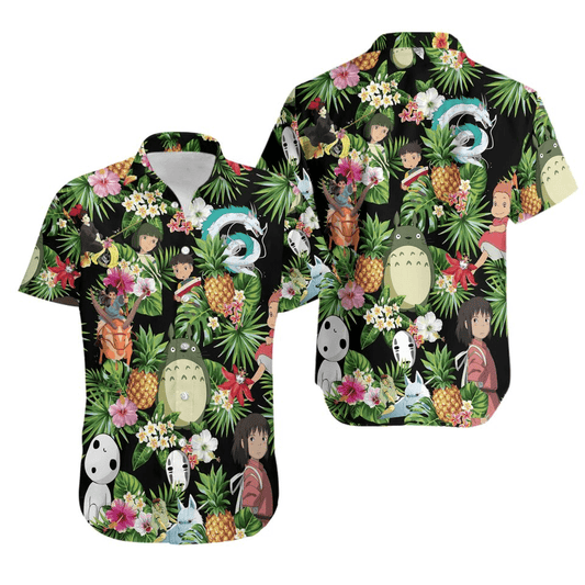 NoClaws Studio Ghibli Hawaii Shirt Studio Ghibli Characters Tropical Pattern Hawaiian Shirt Black Green Unisex