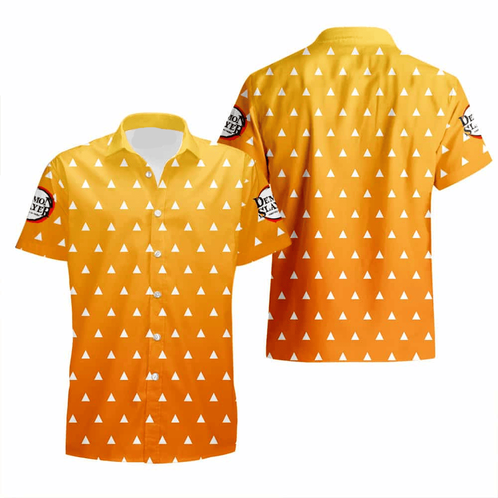 NoClaws NoClaws Demon Slayer Hawaii Shirt Demon Slayer Zenitsu Haori Pattern Hawaiian Shirt Orange Unisex