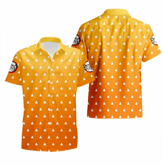 NoClaws NoClaws Demon Slayer Hawaii Shirt Demon Slayer Zenitsu Haori Pattern Hawaiian Shirt Orange Unisex