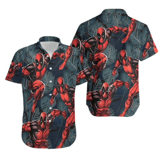 NoClaws Deadpool Hawaii Shirt Marvel Deadpool Fighting Poses Tropical Leaves Pattern Hawaiian Shirt Green Red Unisex