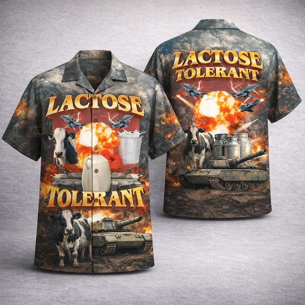 Lactose Tolerant Hawaiian Shirt, Funny Cow Milk Aloha Shirt, Dark Humor Graphic Shirt
