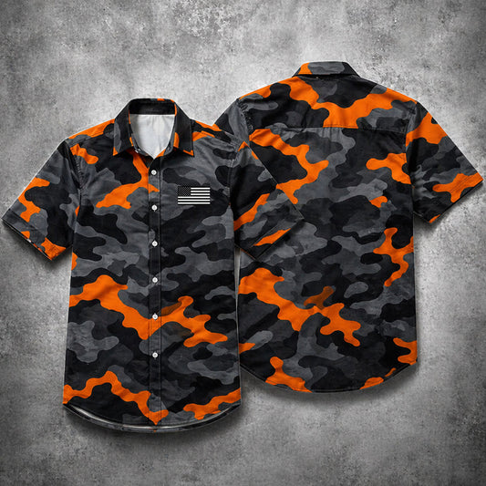 Orange Black Camo Hawaii Shirt USA Flag Tactical Camouflage Button Up