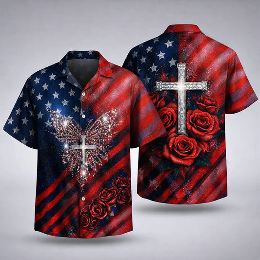 Christian Cross Rose American Flag Hawaiian Shirt Patriotic Jesus Gift