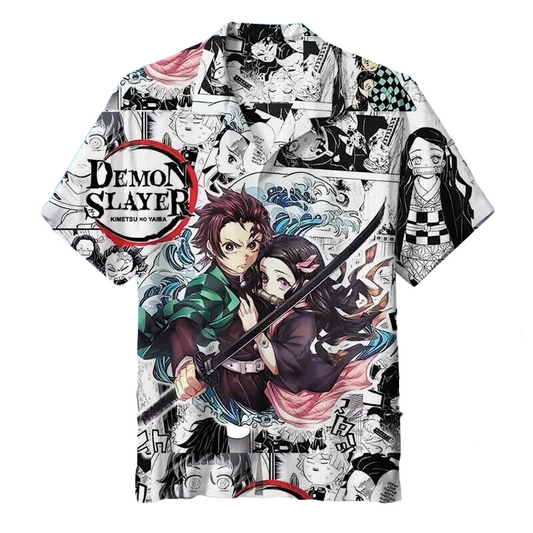 NoClaws NoClaws Demon Slayer Hawaii Shirt Tanjiro And Nezuko Manga Pattern Hawaiian Shirt Black White Unisex