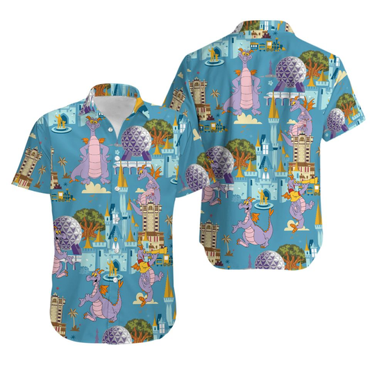 NoClaws Disney Hawaii Shirt Disney World Epcot Figment Pattern Hawaiian Shirt Blue Unisex
