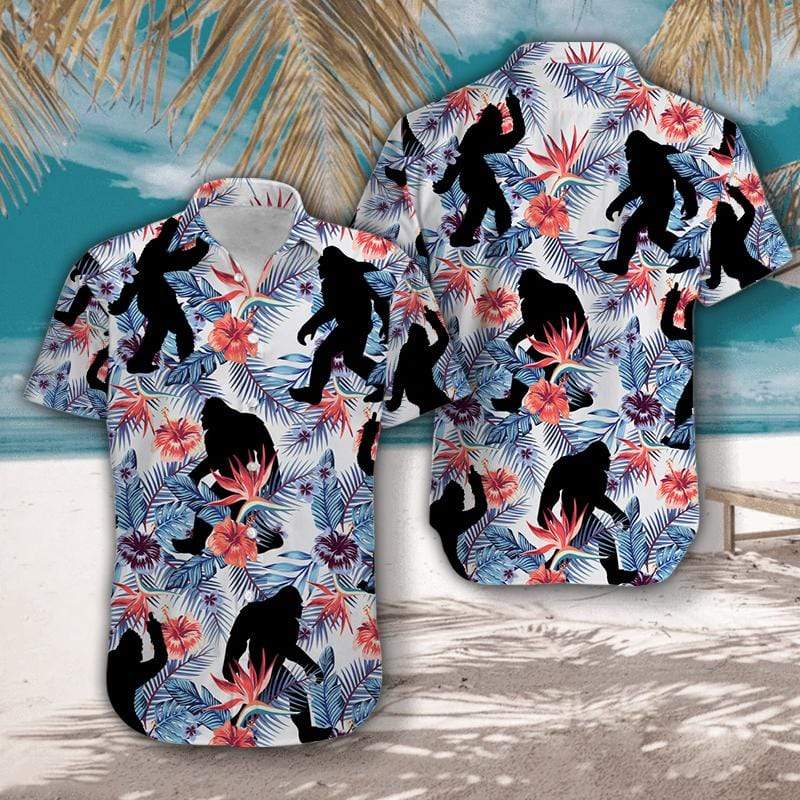 Bigfoot Hawaiian Shirt Bigfoot Tropical Flower Forest Hawaii Aloha Shirt