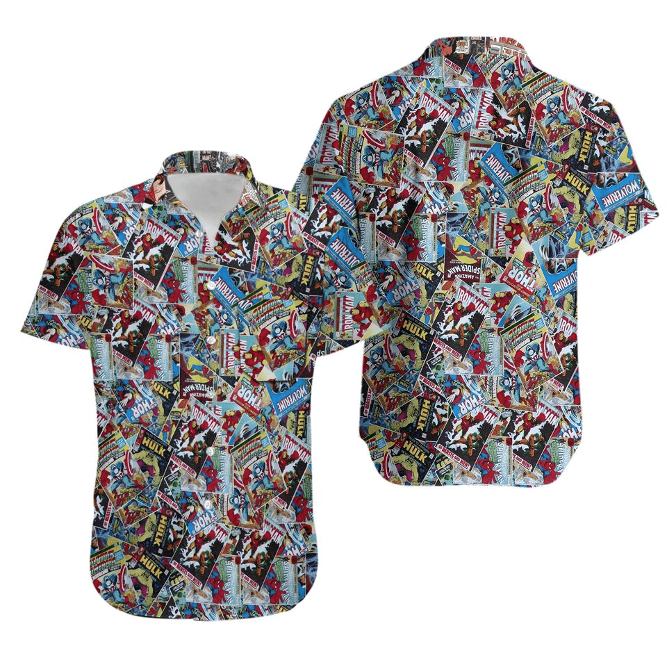 NoClaws NoClaws Marvel Hawaii Shirt Marvel Vintage Heroes Comic Pattern Hawaiian Shirt Red Blue Unisex