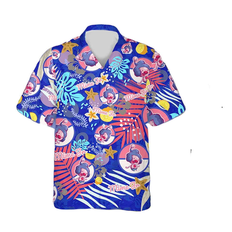 NoClaws Pokemon Hawaii Shirt Pokemon Mime Jr Lemon Pattern Aloha Shirt Blue Unisex