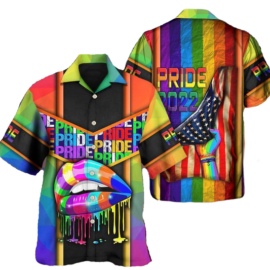 NoClaws NoClaws LGBT Hawaii Shirt LGBT Lips Pride American Flag Pattern Hawaiian Shirt Colorful Unisex