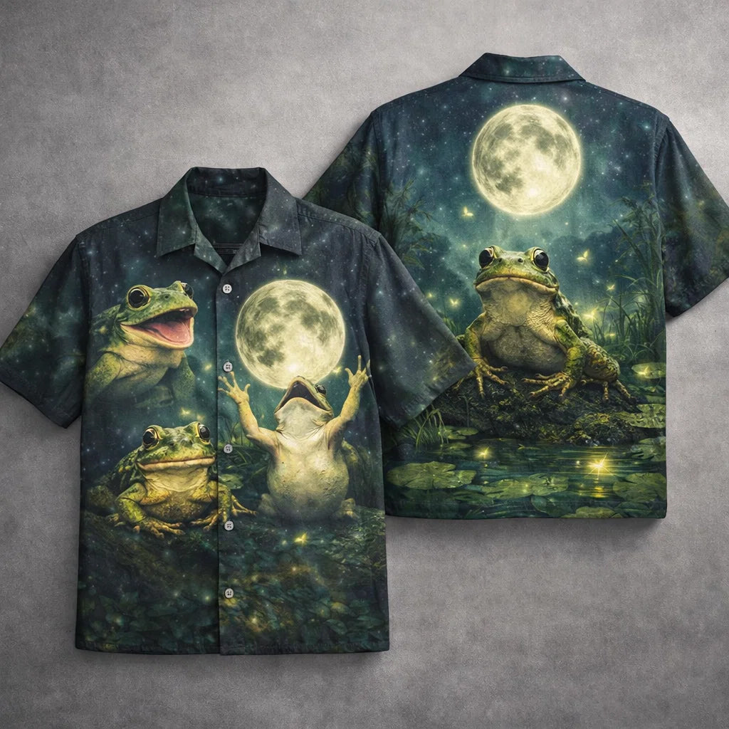 Frog Moon Hawaiian Shirt, Cute Night Frog Aloha Shirt, Fantasy Nature Shirt