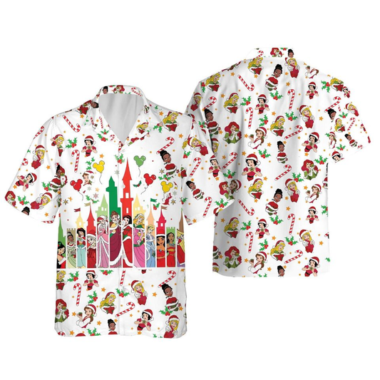 NoClaws Disney Hawaii Shirt Disney Castle Princesses Christmas Pattern Hawaiian Shirt White Red Unisex